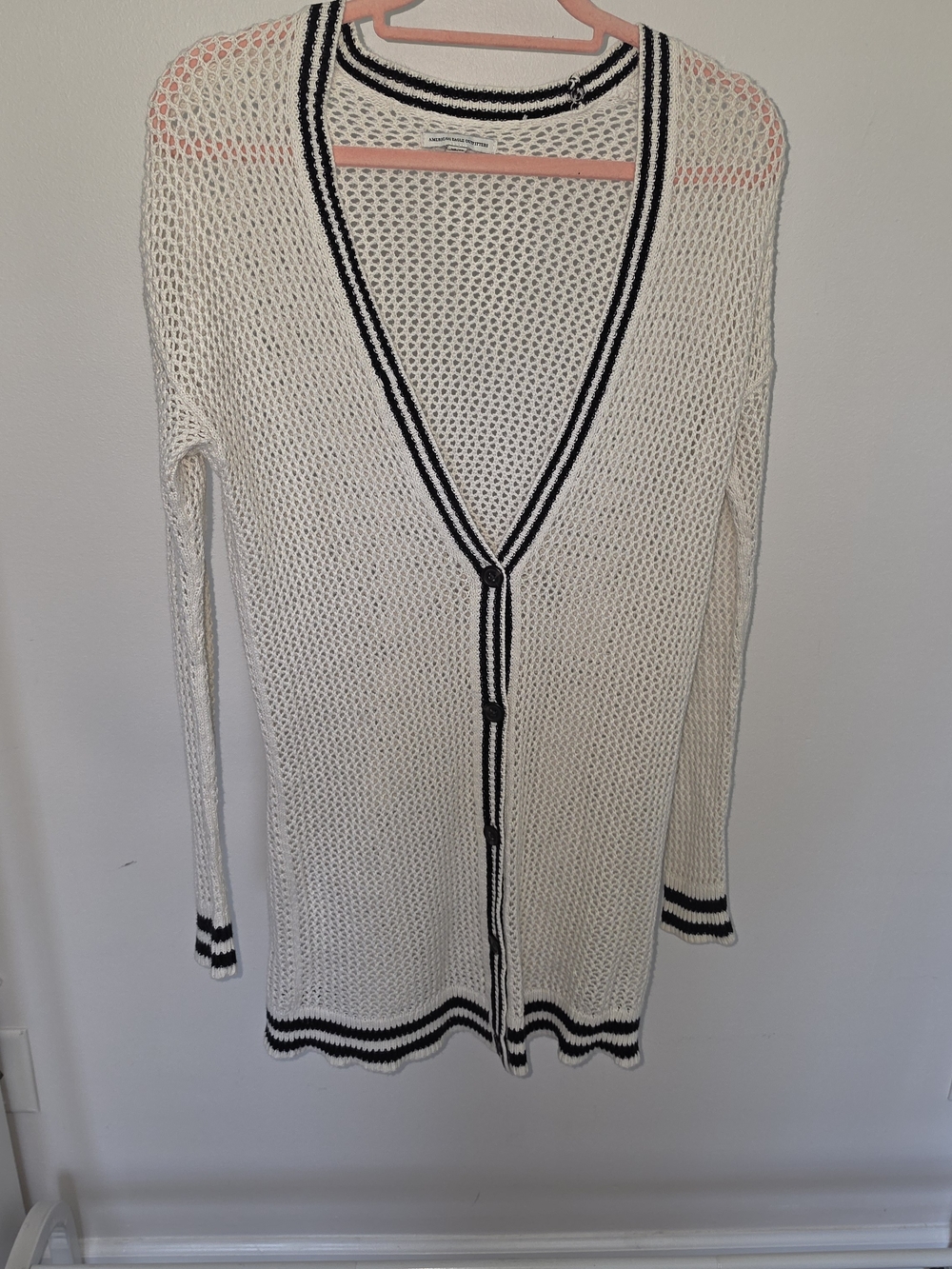 American Eagle Outfitters Open Knit White Cardigan with Black Trim